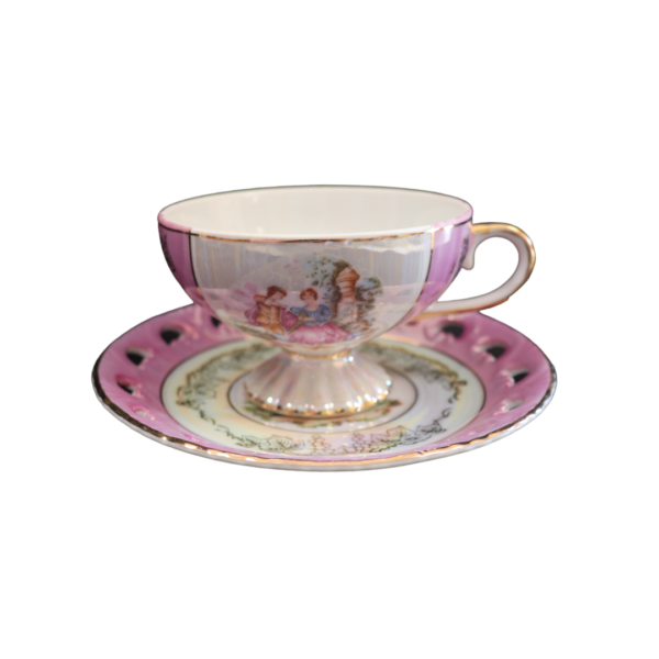 Tea Cup & Saucer - Pink Garden Scene